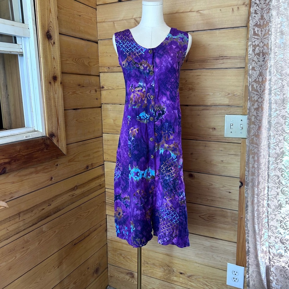 Vintage Rayon Midi Dress Women Large Purple Batik Tie Dye 90s Grunge Duster MCM